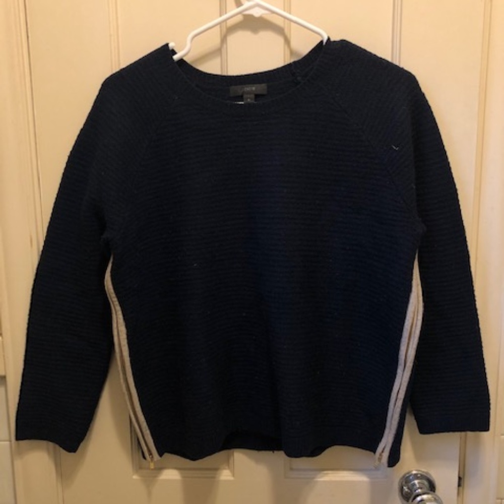 J.Crew Women's Navy/Tan Wool Side Zip Sweater